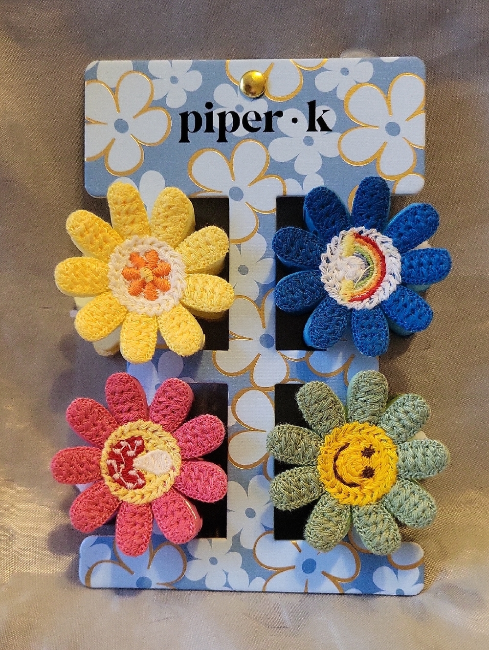Piper K  Crochet Daisy, Rainbow Hair Clip Set – Yellow, Blue, Pink, Green LS